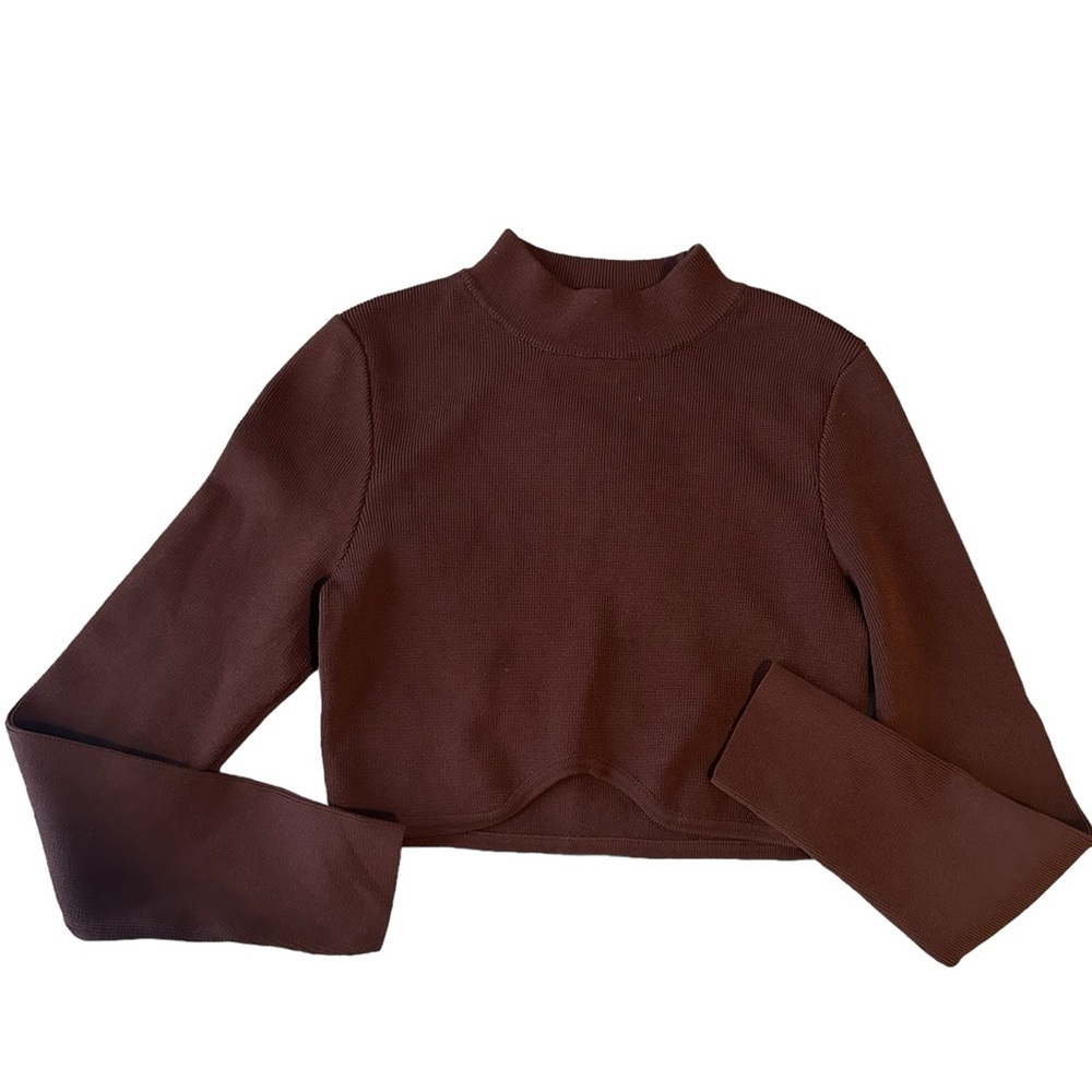 Olivaceous chocolate brown cropped long sleeve mock neck sweater top Medium